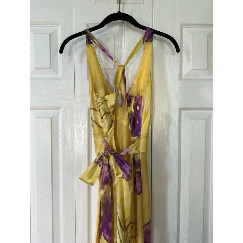 Vintage Cache Yellow Satin Halter Evening Formal Gown Floral Size 2 USA